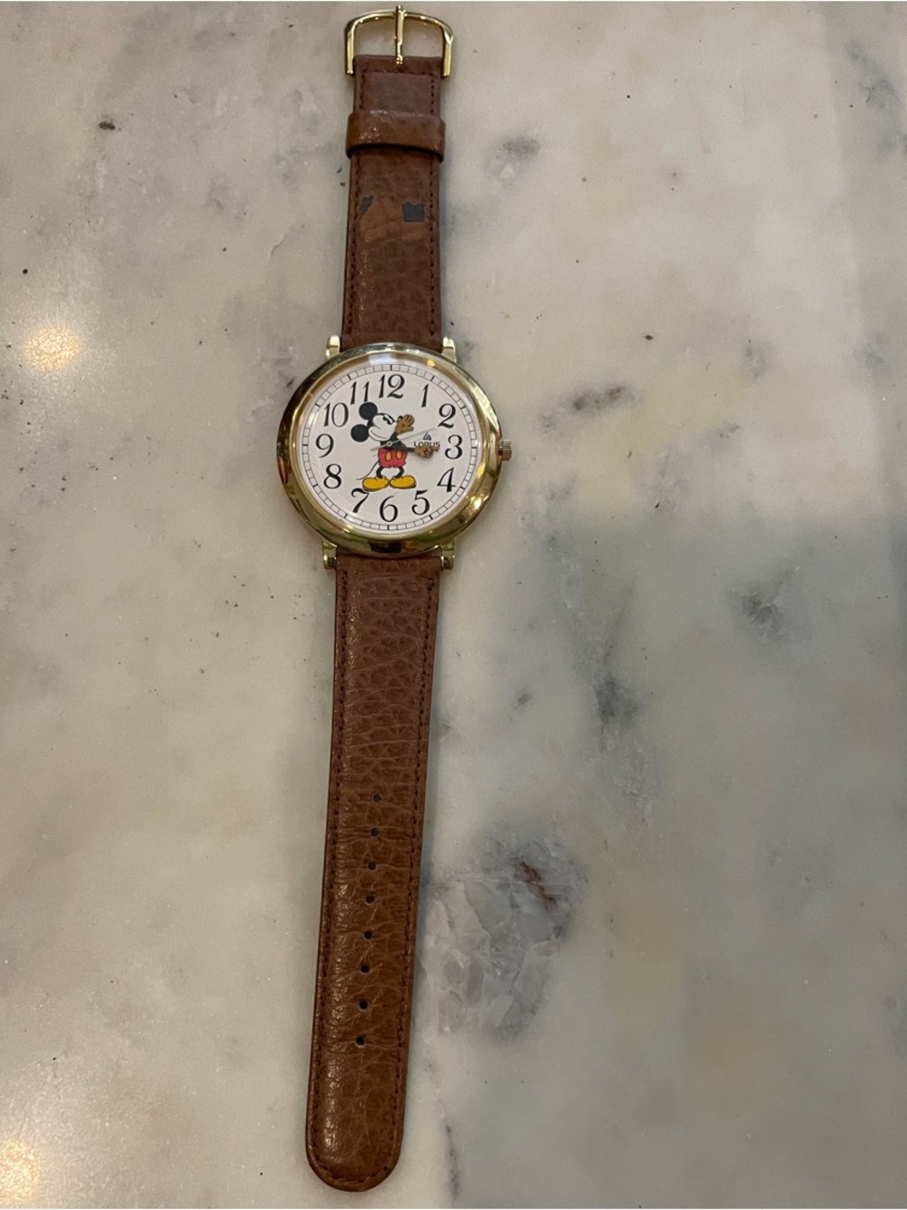 GUC Brown Leather Strap Mickey Mouse Watch with Gold-Tone Case